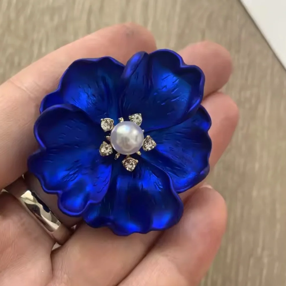 Royal Blue Floral Blossom Pearl Crystal Brooch